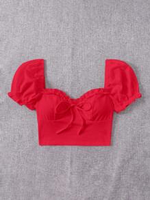 SHEIN EZwear 褶邊前打結短款上衣