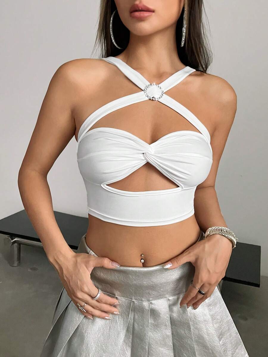 SHEIN ICON Y2k Party Tops Cute Tops School Rave Festival Outfits Tank Top Women's Cross Halter Neck Twist Knot Rhinestone Decorated Metal Coated Tank Top - White - View 1