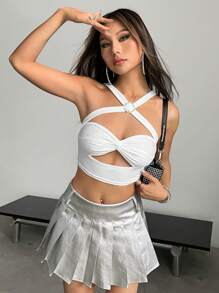 SHEIN ICON Y2k Party Tops Cute Tops School Rave Festival Outfits Tank Top Women's Cross Halter Neck Twist Knot Rhinestone Decorated Metal Coated Tank Top - White - View 2