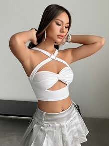 SHEIN ICON Y2k Party Tops Cute Tops School Rave Festival Outfits Tank Top Women's Cross Halter Neck Twist Knot Rhinestone Decorated Metal Coated Tank Top - White - View 5