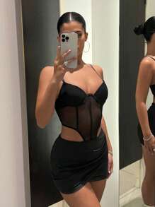 SHEIN ICON Contrast Mesh Bustier Cami Bodycon Dress - Black - View 3