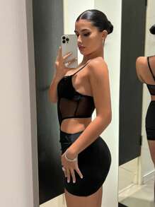 SHEIN ICON Contrast Mesh Bustier Cami Bodycon Dress - Black - View 4
