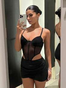SHEIN ICON Contrast Mesh Bustier Cami Bodycon Dress - Black - View 5
