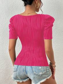 SHEIN Privé Camiseta de cuello cuadrado de manga farol - Rosa Fucsia - Ver 2