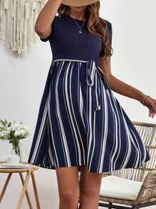 SHEIN Maternity Striped Print Belted Dress - Navy Blue - View 6