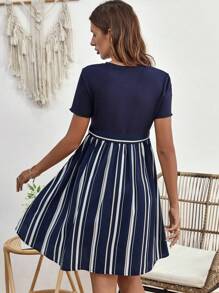 SHEIN Maternity Striped Print Belted Dress - Navy Blue - View 2