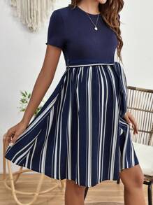 SHEIN Maternity Striped Print Belted Dress - Navy Blue - View 3