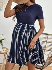 SHEIN Maternity Striped Print Belted Dress - Navy Blue - View 4