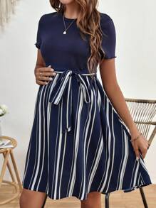 SHEIN Maternity Striped Print Belted Dress - Navy Blue - View 1