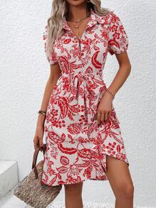 SHEIN LUNE 印花泡泡袖繫腰帶洋裝 - 白色 - 查看 3