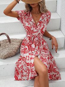 SHEIN LUNE 印花泡泡袖繫腰帶洋裝 - 白色 - 查看 4