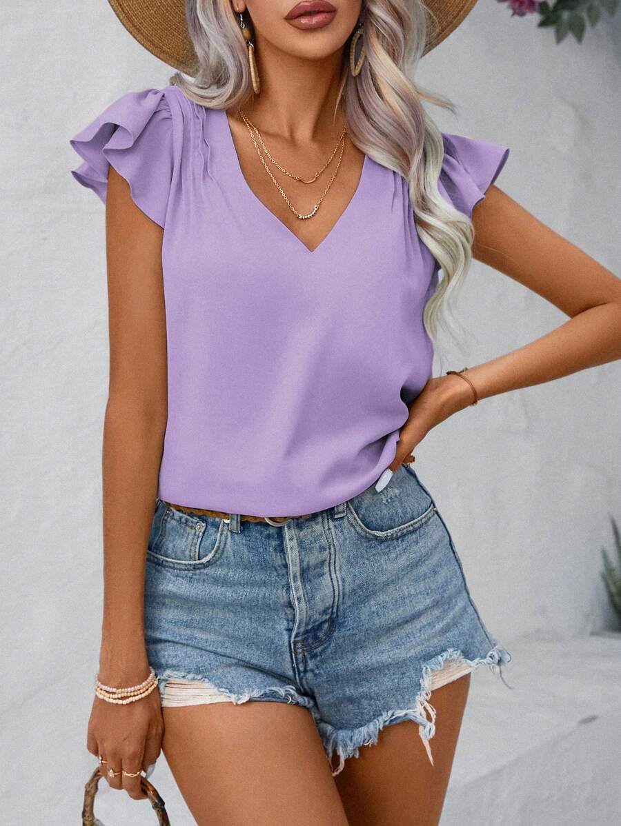 SHEIN LUNE 素色蝴蝶袖V領襯衫 - 淡紫色 - 查看 1