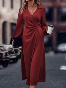 SHEIN Clasi 燈籠袖褶邊圍裹洋裝 - 酒紅色 - 查看 5