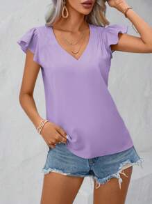 SHEIN LUNE 素色蝴蝶袖V領襯衫 - 淡紫色 - 查看 3