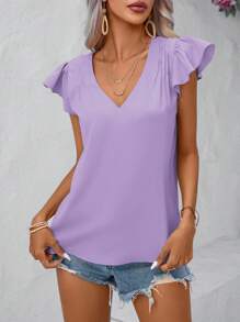 SHEIN LUNE 素色蝴蝶袖V領襯衫 - 淡紫色 - 查看 4