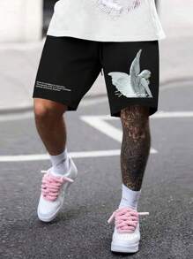 Manfinity Hypemode Lỏng lẻo phù hợp Nam Slogan & Họa tiết Thiên thần In Quần short Với dây rút Eo - màu đen - Xem 1