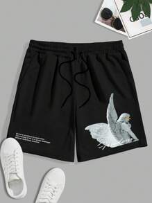 Manfinity Hypemode Lỏng lẻo phù hợp Nam Slogan & Họa tiết Thiên thần In Quần short Với dây rút Eo - màu đen - Xem 3