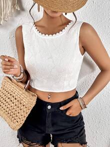 SHEIN VCAY Áo khoác và áo lót dành cho xe tăng nữ Tương phản ren Buộc lại màu trơn Gợi cảm - trắng - Xem 3