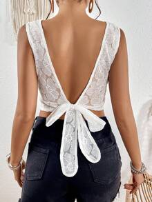 SHEIN VCAY Áo khoác và áo lót dành cho xe tăng nữ Tương phản ren Buộc lại màu trơn Gợi cảm - trắng - Xem 2