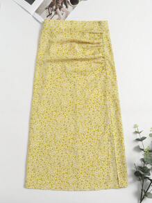 SHEIN LUNE Váy Plus Size Xù Dây kéo Tách cao Họa tiết hoa Boho - Màu vàng - Xem 1