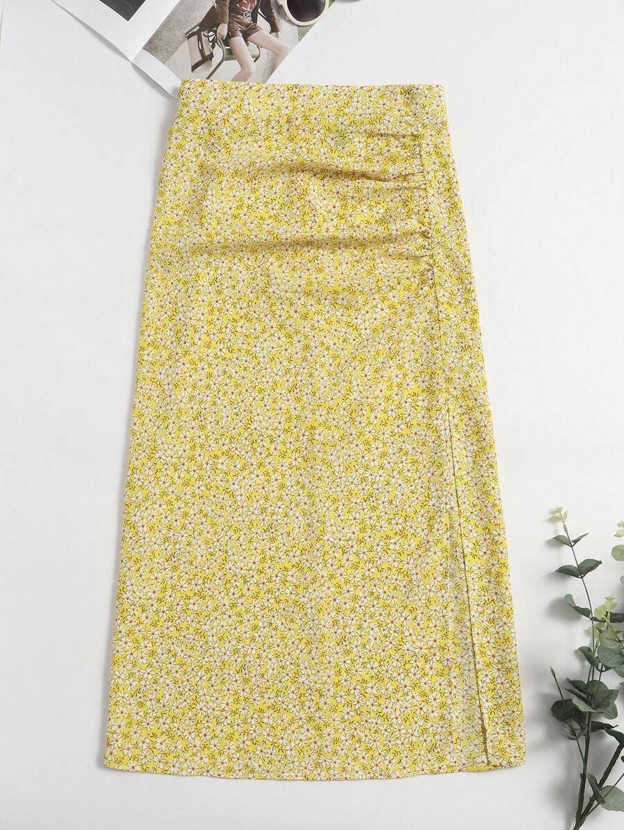 SHEIN LUNE Váy Plus Size Xù Dây kéo Tách cao Họa tiết hoa Boho - Màu vàng - Xem 1