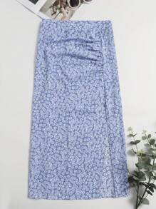 SHEIN Holidaya Váy Plus Size Xù Tách cao Họa tiết hoa Boho - Màu xanh lam - Xem 1