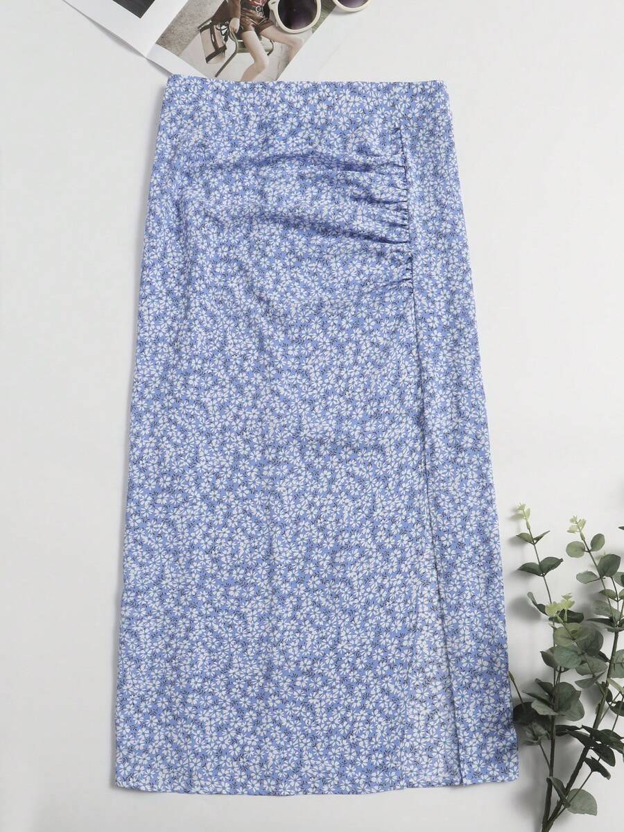 SHEIN Holidaya Váy Plus Size Xù Tách cao Họa tiết hoa Boho - Màu xanh lam - Xem 1