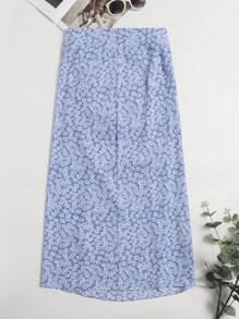 SHEIN Holidaya Váy Plus Size Xù Tách cao Họa tiết hoa Boho - Màu xanh lam - Xem 2