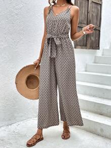 SHEIN Frenchy 滿版印花腰帶吊帶連體褲 - 彩色 - 查看 1