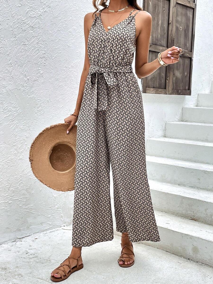 SHEIN Frenchy 滿版印花腰帶吊帶連體褲 - 彩色 - 查看 1