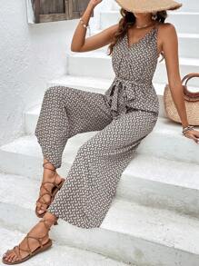 SHEIN Frenchy 滿版印花腰帶吊帶連體褲 - 彩色 - 查看 5