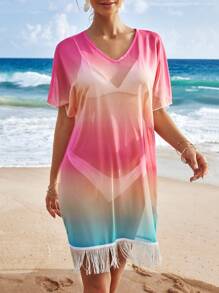 SHEIN Ombre Fringe Hem Cover Up Dress Without Bikini - Multicolor - View 1