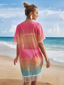 SHEIN Ombre Fringe Hem Cover Up Dress Without Bikini - Multicolor - View 2