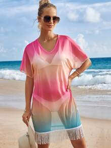 SHEIN Ombre Fringe Hem Cover Up Dress Without Bikini - Multicolor - View 3