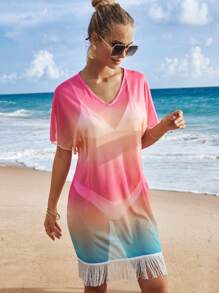 SHEIN Ombre Fringe Hem Cover Up Dress Without Bikini - Multicolor - View 4