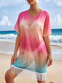 SHEIN Ombre Fringe Hem Cover Up Dress Without Bikini - Multicolor - View 5