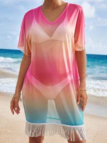 SHEIN Ombre Fringe Hem Cover Up Dress Without Bikini - Multicolor - View 6