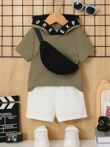 SHEIN 男嬰字母圖案連帽T恤和短褲和包