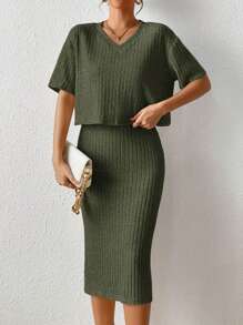 SHEIN Frenchy Camiseta de hombros caídos & tejido de canalé Falda - Verde militar - Ver 5