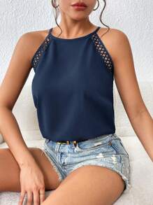 SHEIN Frenchy Áo khoác và áo lót dành cho xe tăng nữ Tương phản ren Buộc lại màu trơn Giải trí - Màu xanh hải quân - Xem 2