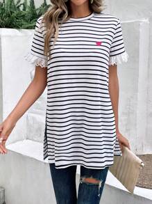 SHEIN Frenchy Striped Print Heart Embroidery Tee