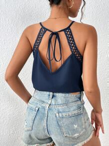 SHEIN Frenchy Áo khoác và áo lót dành cho xe tăng nữ Tương phản ren Buộc lại màu trơn Giải trí - Màu xanh hải quân - Xem 1