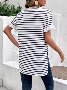 SHEIN Frenchy Striped Print Heart Embroidery Tee