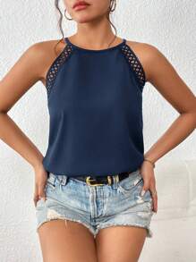 SHEIN Frenchy Áo khoác và áo lót dành cho xe tăng nữ Tương phản ren Buộc lại màu trơn Giải trí - Màu xanh hải quân - Xem 5