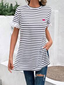 SHEIN Frenchy Striped Print Heart Embroidery Tee