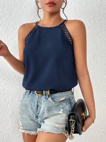 SHEIN Frenchy Áo khoác và áo lót dành cho xe tăng nữ Tương phản ren Buộc lại màu trơn Giải trí - Màu xanh hải quân - Xem 6