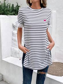 SHEIN Frenchy Striped Print Heart Embroidery Tee