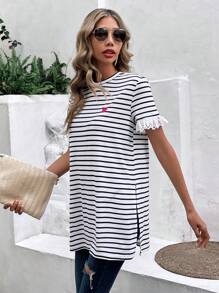SHEIN Frenchy Striped Print Heart Embroidery Tee