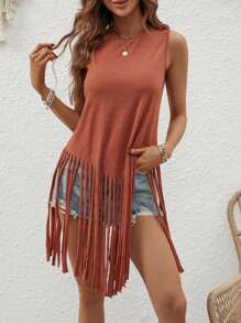 SHEIN VCAY 素色流蘇下擺背心上衣 - 棕色 - 查看 1