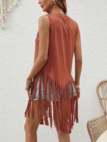 SHEIN VCAY 素色流蘇下擺背心上衣 - 棕色 - 查看 2